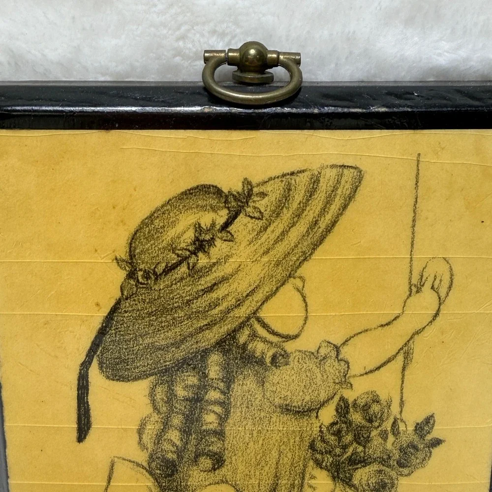 Vintage 1972 Ann Adams Wood Plaque Decoupage Girl in Sun‎ Hat Sketch Wall Art